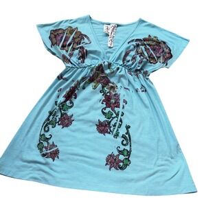 Y2K AZIZA Turquoise Floral Print Baby Doll Euro V Neck Tunic Dress Top M